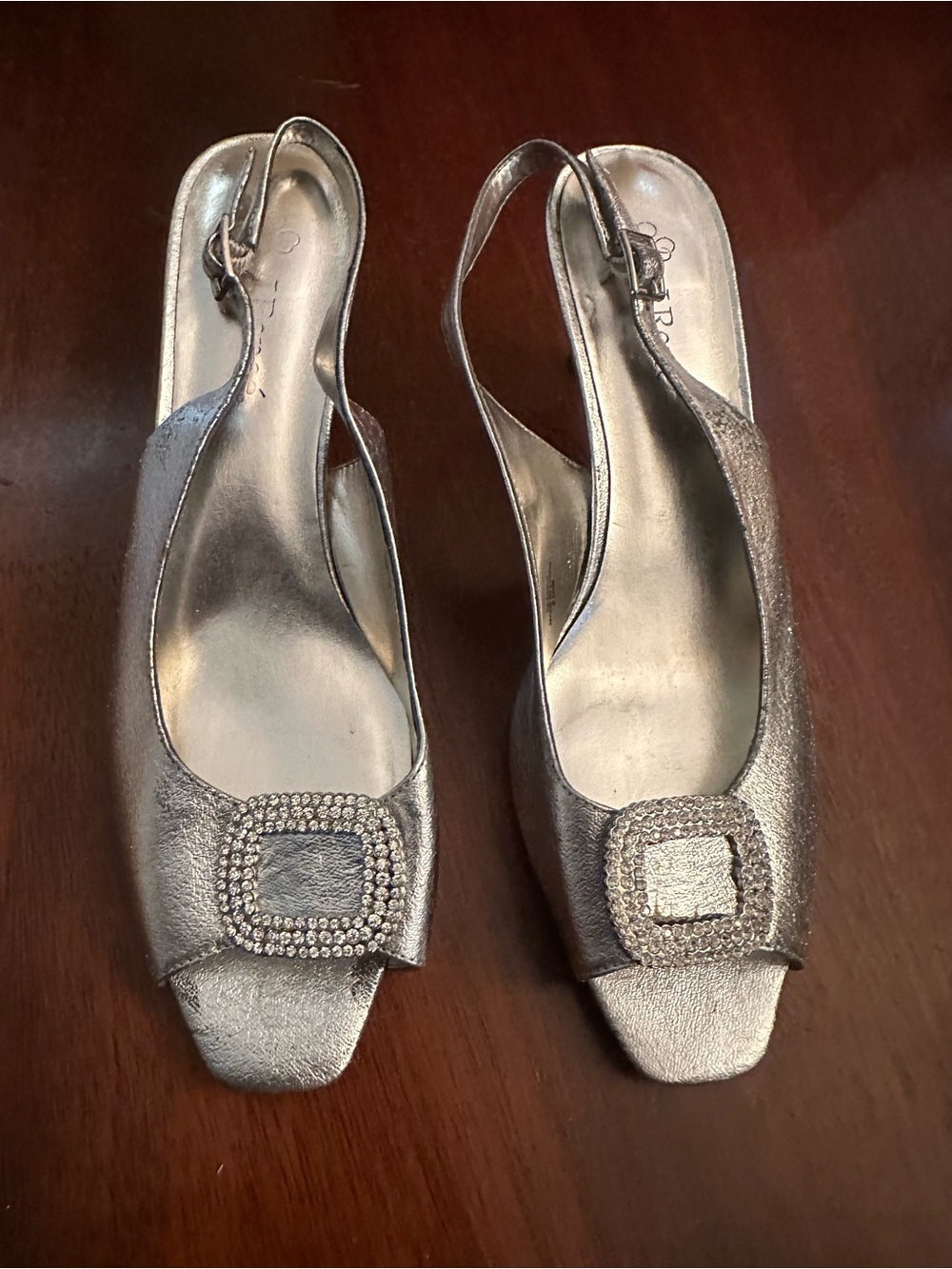 J. Renee Leather Metallic Silver Slingback Peep-Toe Heels with Rhinestone Buckle